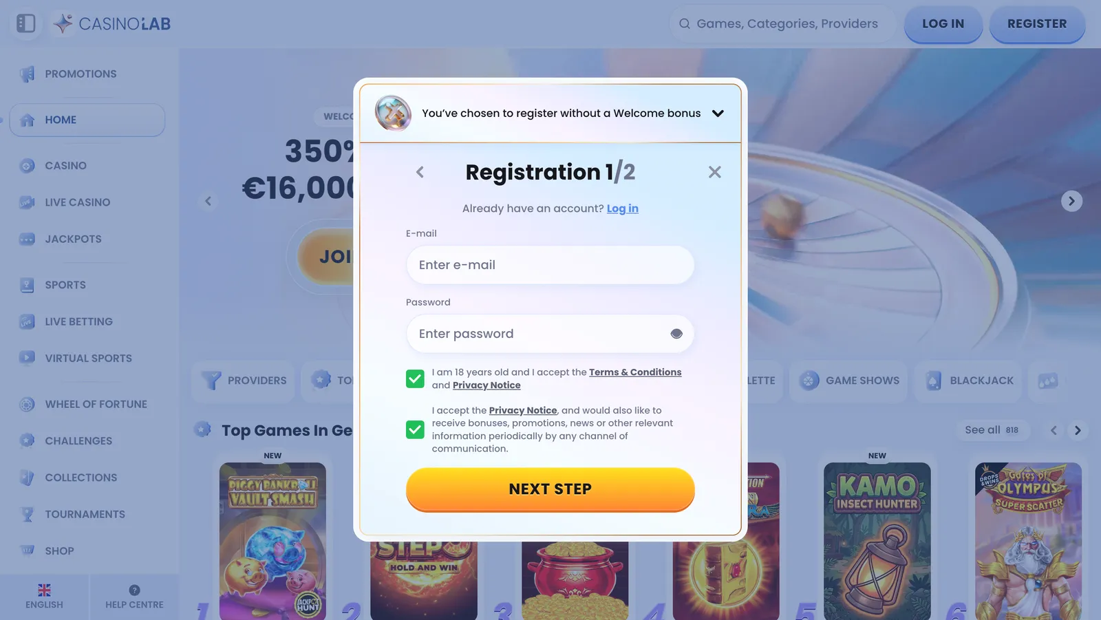 Okno formularza rejestracyjnego z polami danych nowego użytkownika w Casinolab