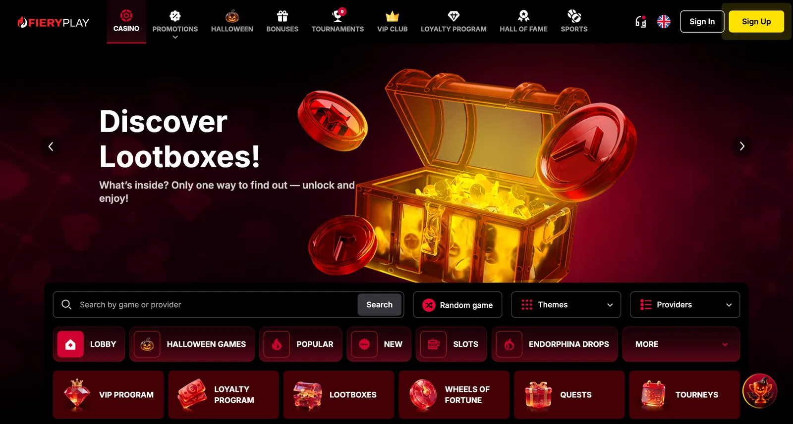 Strona główna FieryPlay Casino z banerem skrzyń Loot Box oraz kategoriami gier