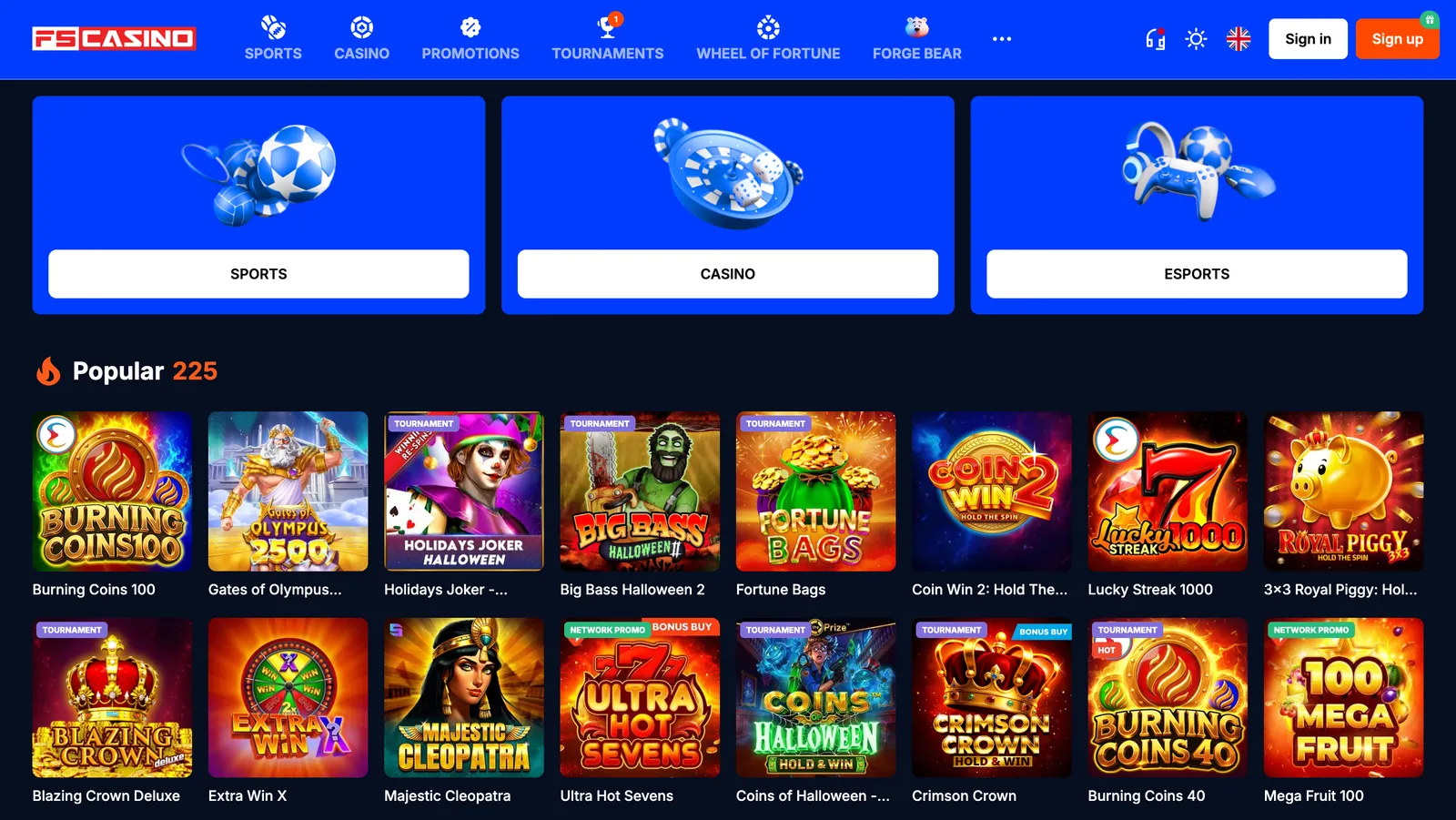 Strona główna kasyna internetowego FS Casino z sekcjami gier i zakładów sportowych