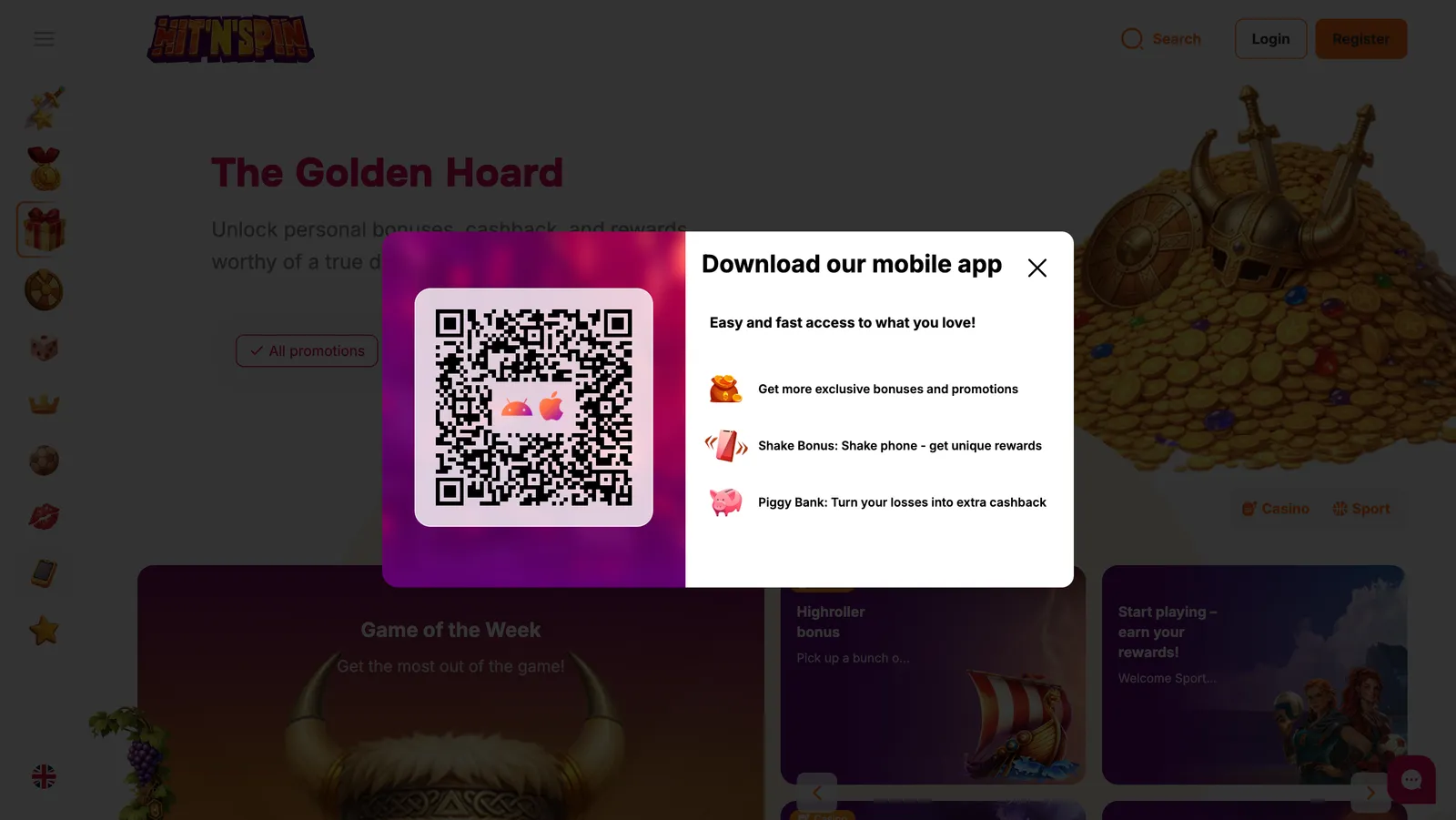 Okno pobierania aplikacji mobilnej HitnSpin z kodem QR oraz funkcjami Shake Bonus