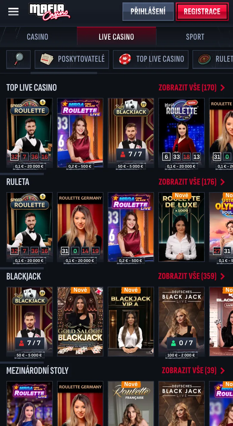 Mobilne kasyno na żywo MafiaCasino ze stołami ruletki i blackjacka