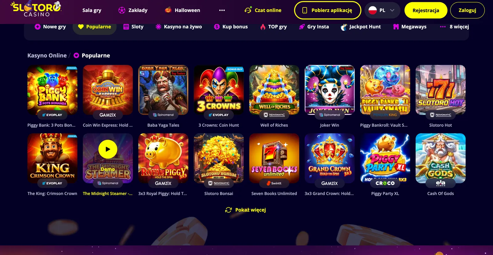 Katalog automatów do gier i popularne sloty w lobby kasyna Slotoro