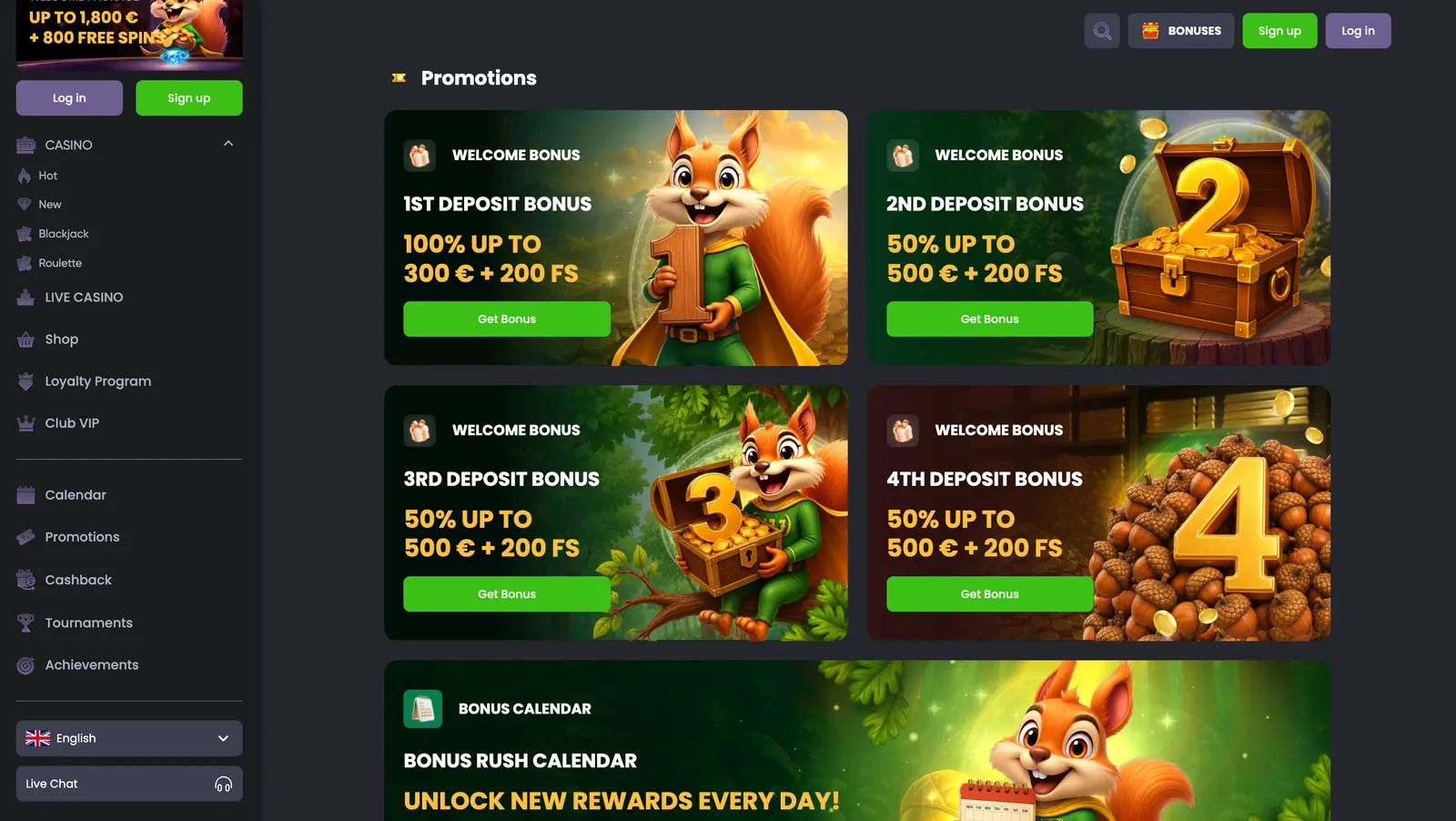 Podstrona promocji kasyna Spinline prezentująca pakiety powitalne oraz kalendarz nagród Bonus Rush