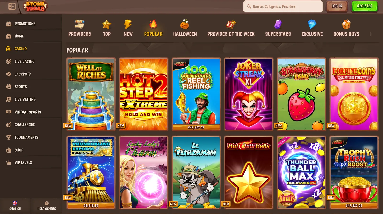 Lobby gier kasynowych Stonevegas z kafelkami popularnych automatów online
