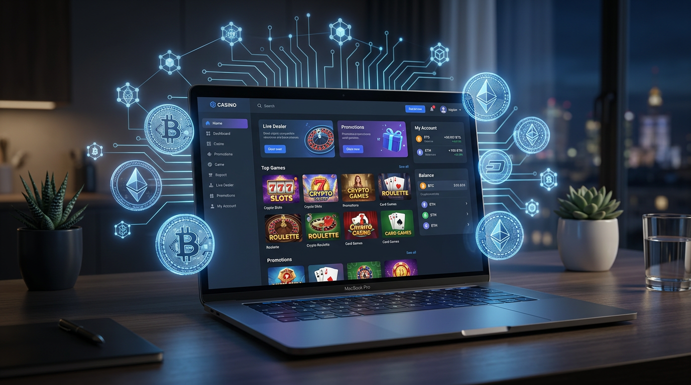 Nowoczesne krypto kasyno wyświetlone na laptopie z grafikami kryptowalut w tle