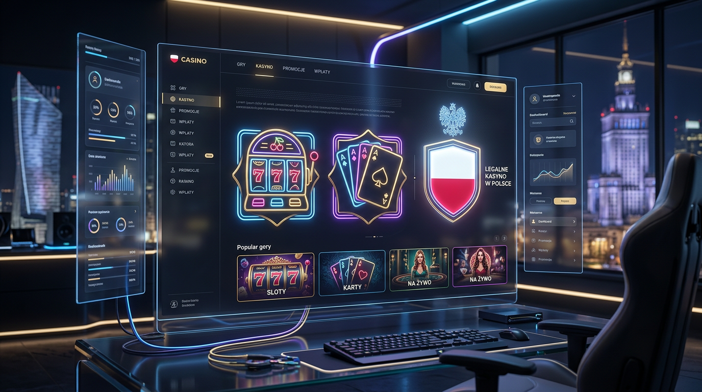 Futurystyczny interfejs legalnego kasyna online w Polsce z akcentami złota i neonów