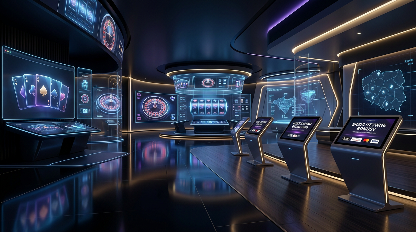 Futurystyczne wnętrze nowoczesnego kasyna online w 2026 roku z cyfrowymi ekranami.