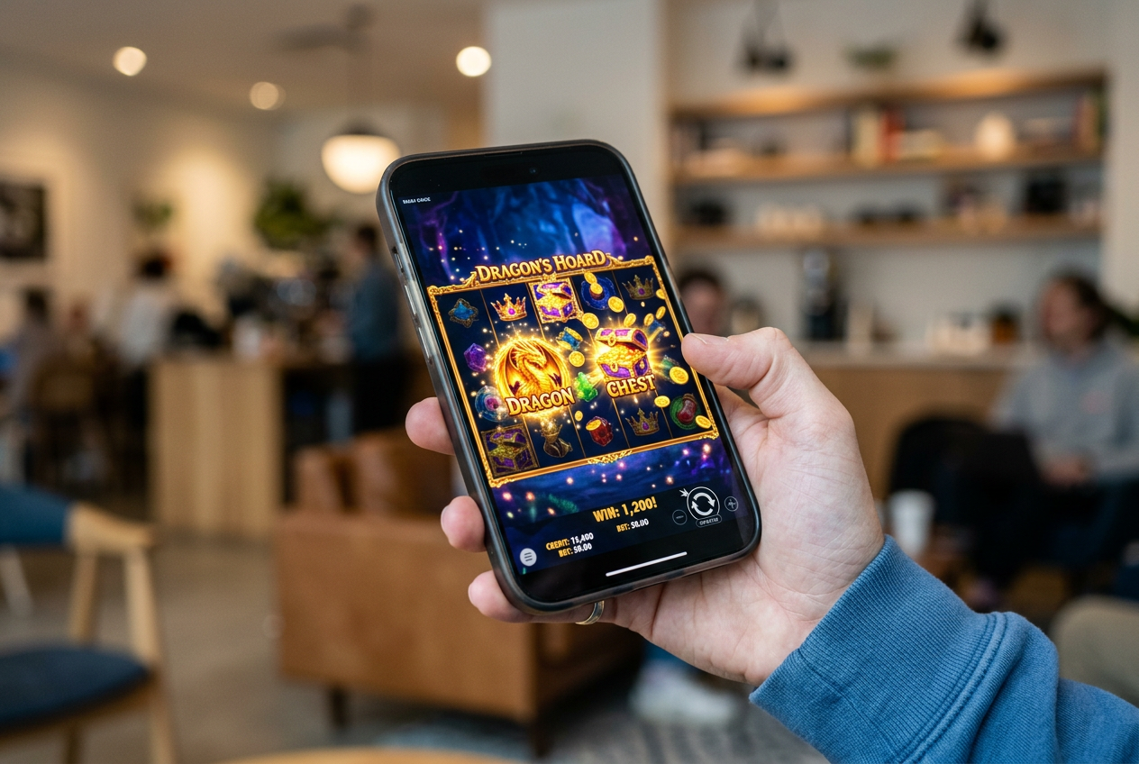 Zbliżenie na ekran tabletu wyświetlający kolorowy automat do gier o tematyce fantasy