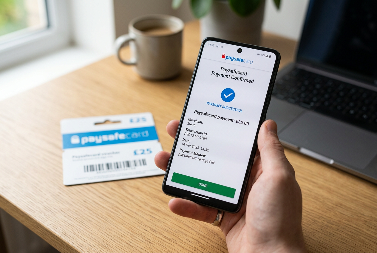 Osoba trzymająca smartfon z aplikacją Paysafecard przed terminalem płatniczym