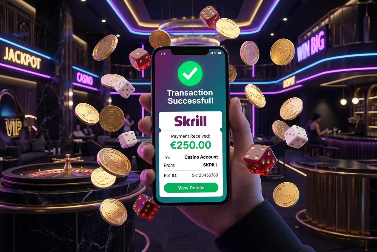 Szybka transakcja Skrill na nowoczesnym smartfonie z żetonami kasynowymi w tle